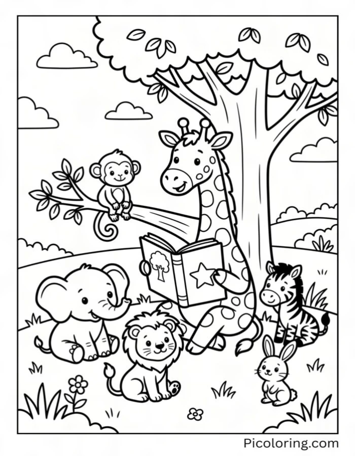Giraffe reading a storybook to baby animals under a tree