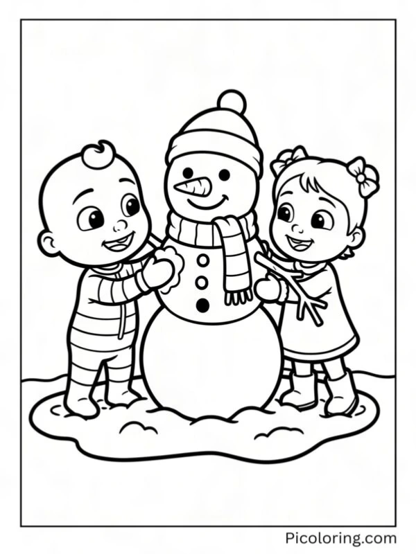 JJ and Nina building a snowman in the winter