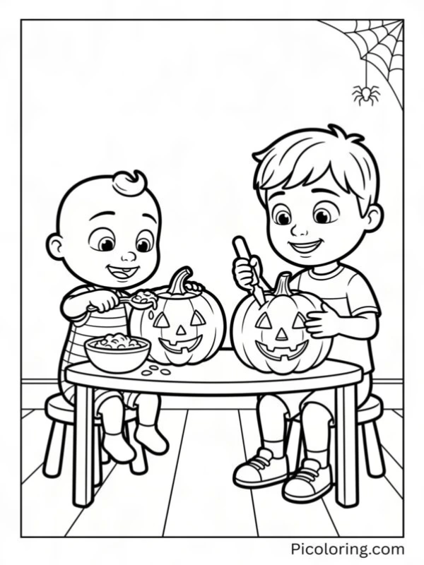 JJ and TomTom carving pumpkins for a Halloween party