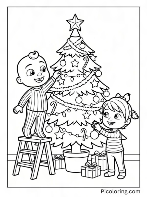 JJ and YoYo decorating a big Christmas tree together