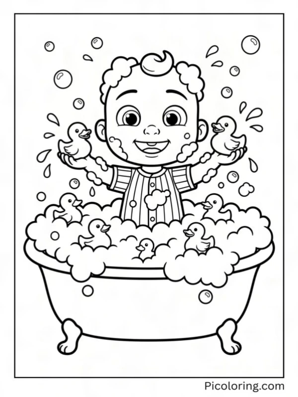 JJ playing with rubber ducks in the bubble bath