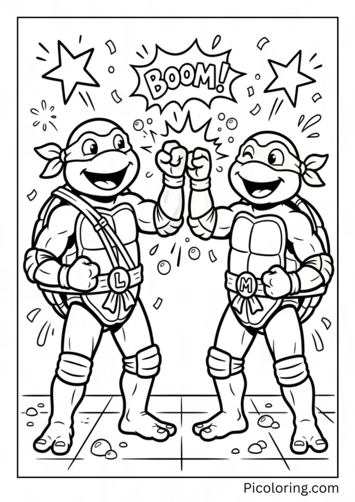 Leonardo and Michelangelo fist bumping happily