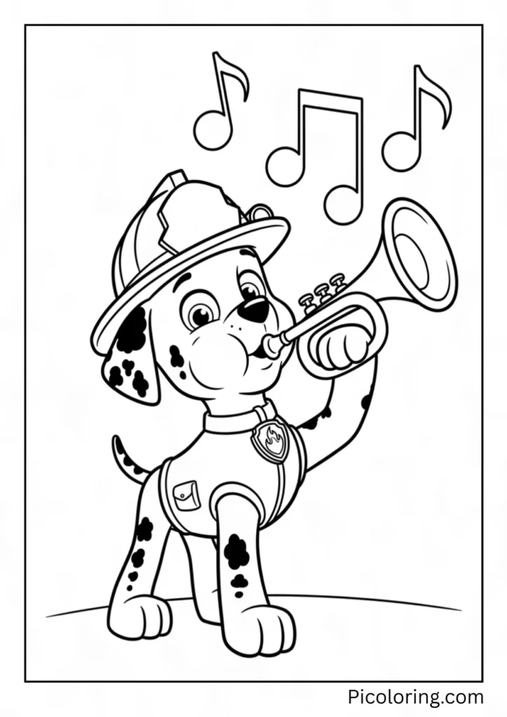 Marshall blows a shiny trumpet as musical notes float above his head