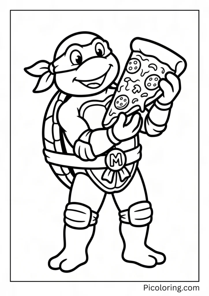 Michelangelo holding one giant pizza slice