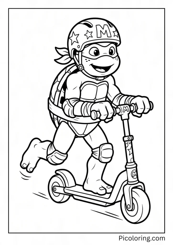 Michelangelo riding scooter wearing safety helmet