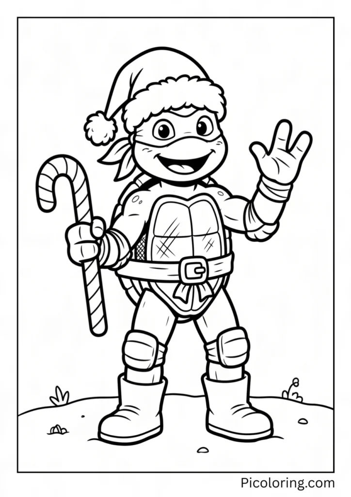 Michelangelo wearing Santa hat and holding a big striped candy cane