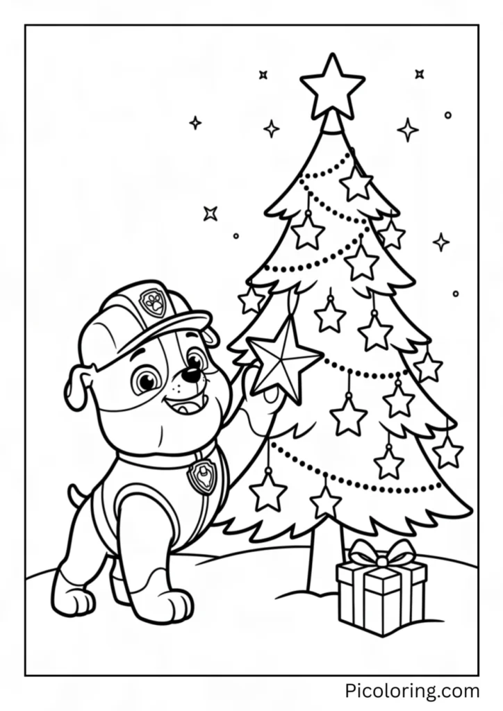 Rubble decorates a Christmas tree with simple stars