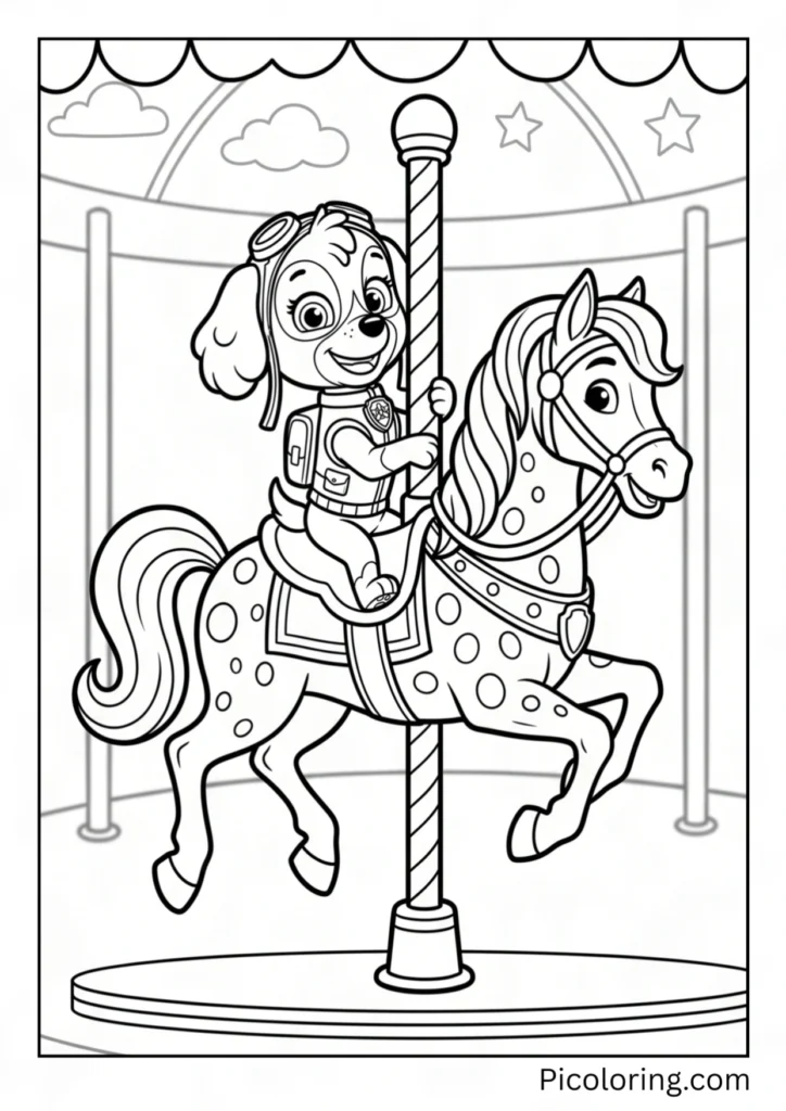 Skye rides a spotted carousel horse