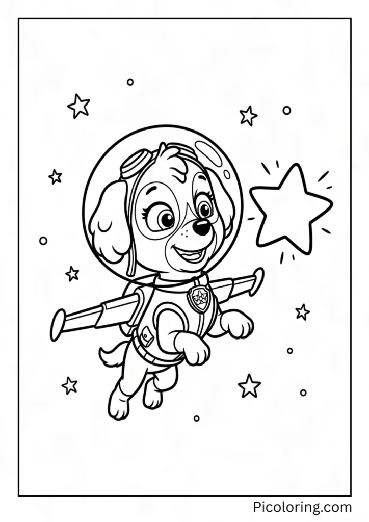 Skye wears a round space helmet and floats beside one bright star