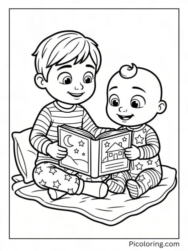 TomTom and JJ wearing pajamas and reading bedtime stories