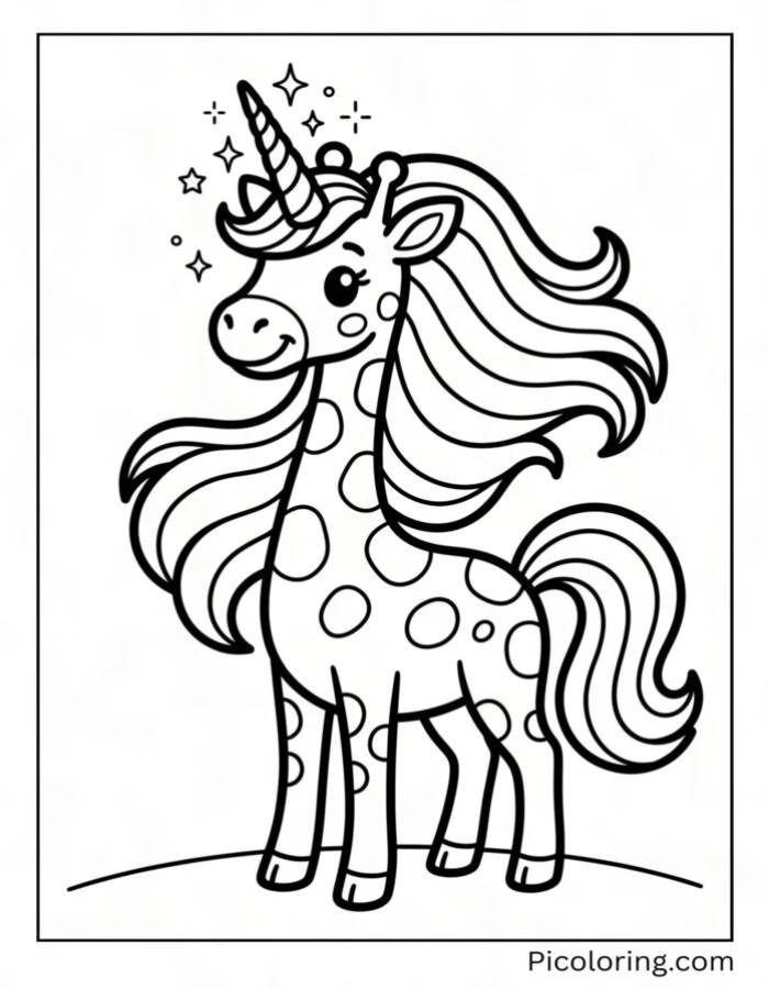 Unicorn giraffe with a sparkly horn and rainbow mane flowing