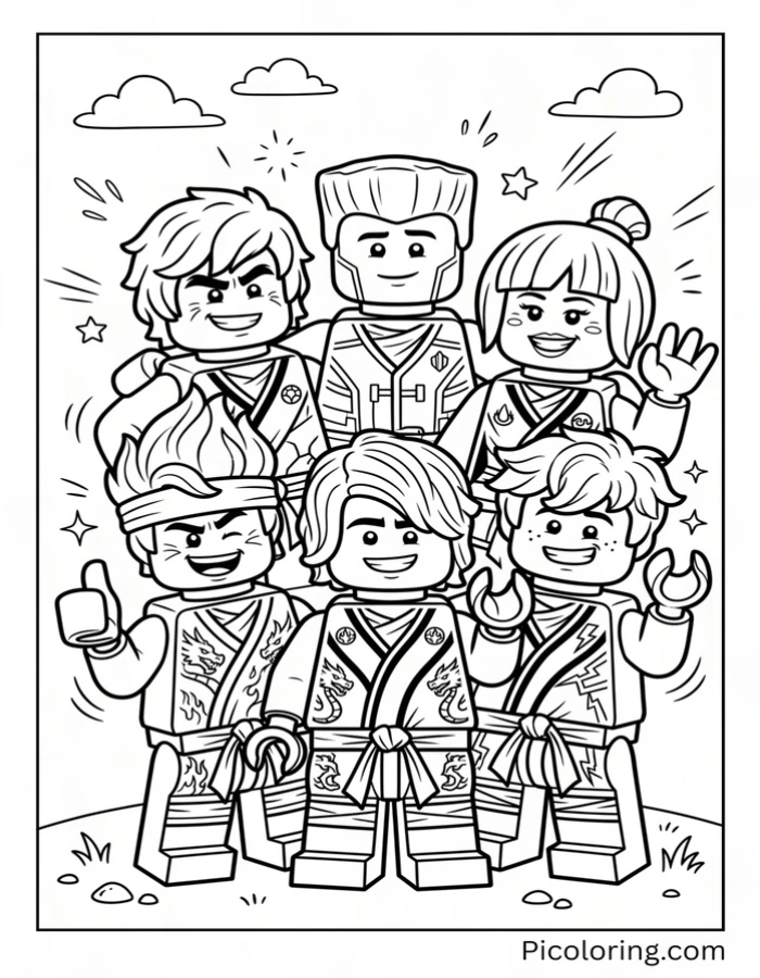 All six ninjas posing together with big happy smiles