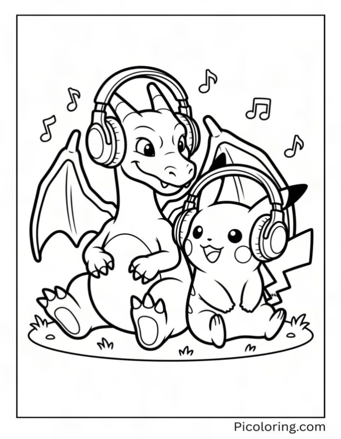 Charizard and a Pikachu friend sharing headphones listening to music on grass