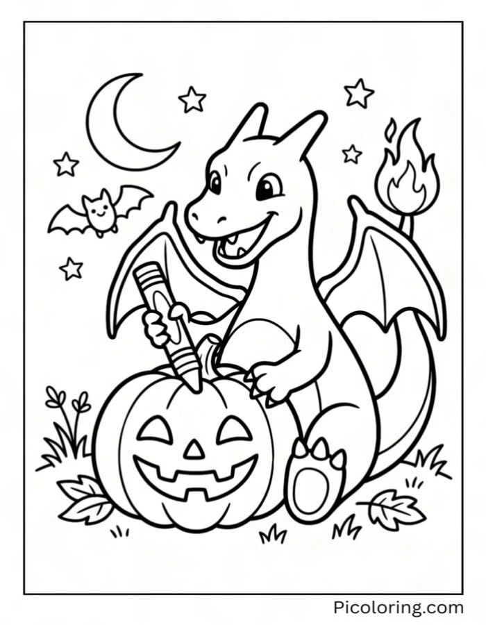 Charizard carving a smiling pumpkin on a spooky Halloween night