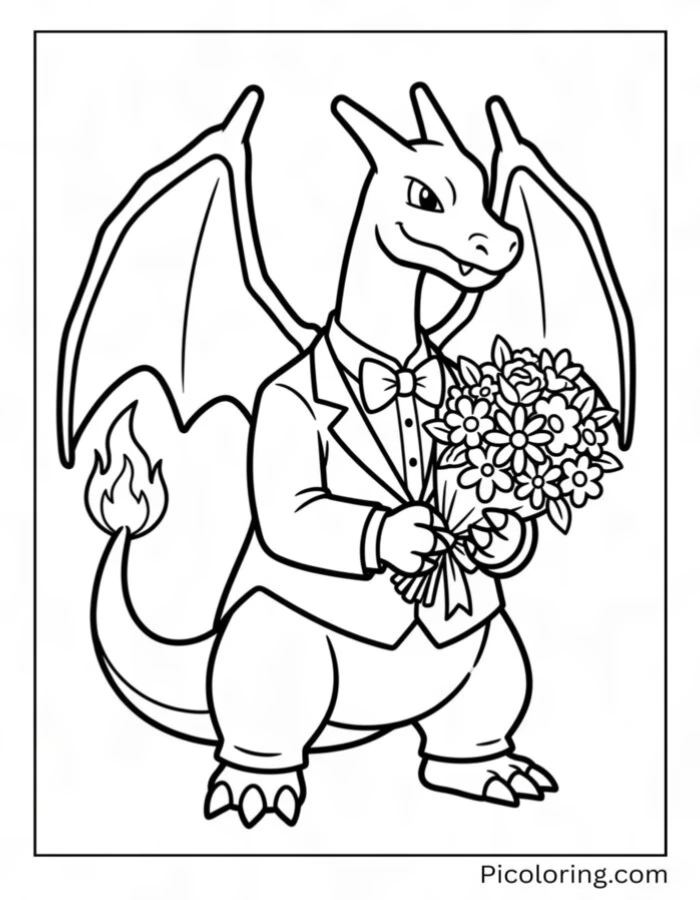 Charizard dressed in a tuxedo holding a bouquet of flowers