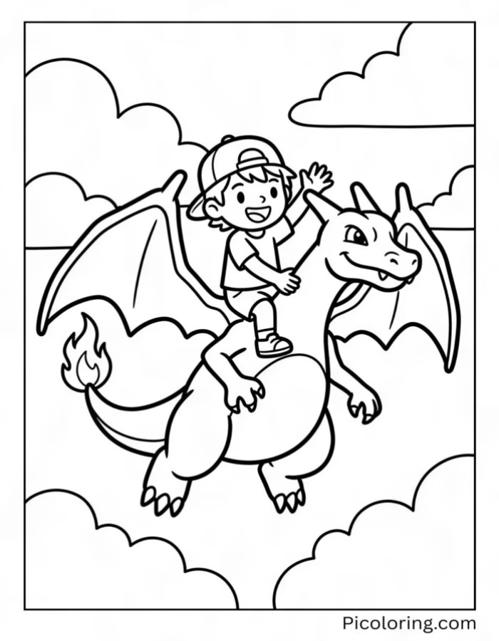 Charizard giving a happy trainer a ride through the sky