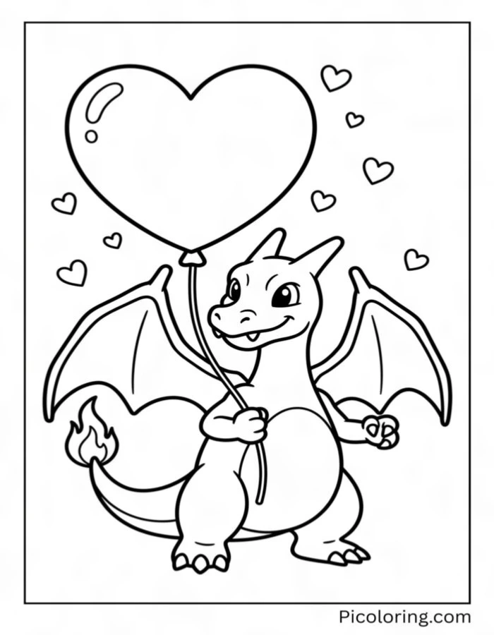 Charizard holding a big heart balloon for Valentines Day