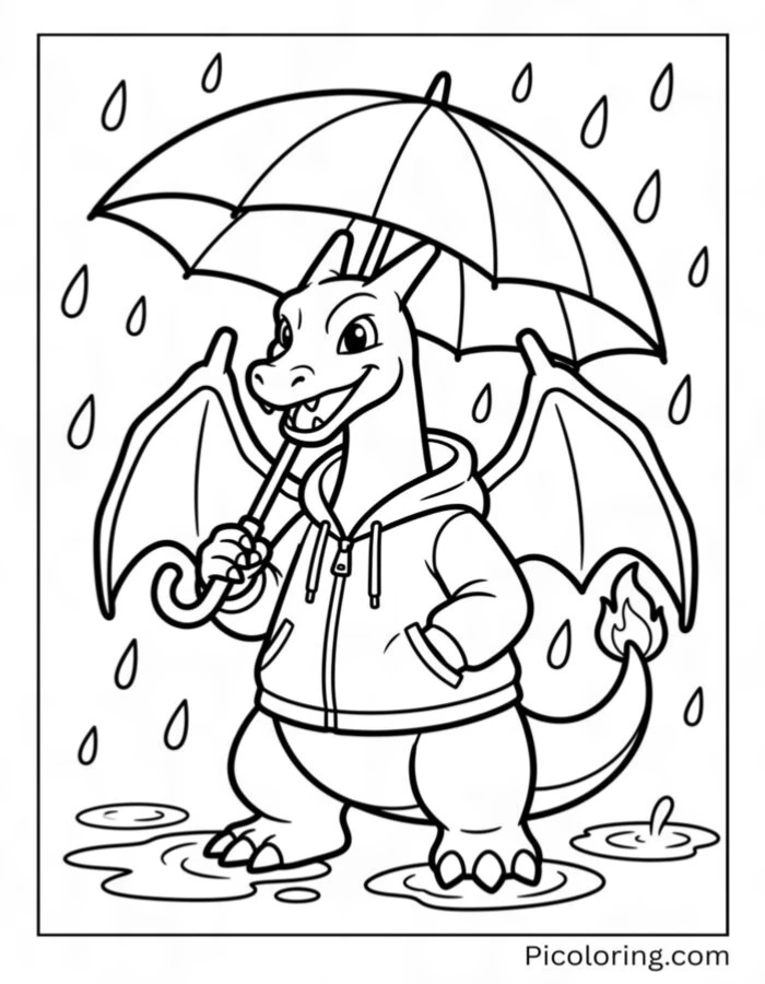 Charizard holding an umbrella while splashing in rain puddles