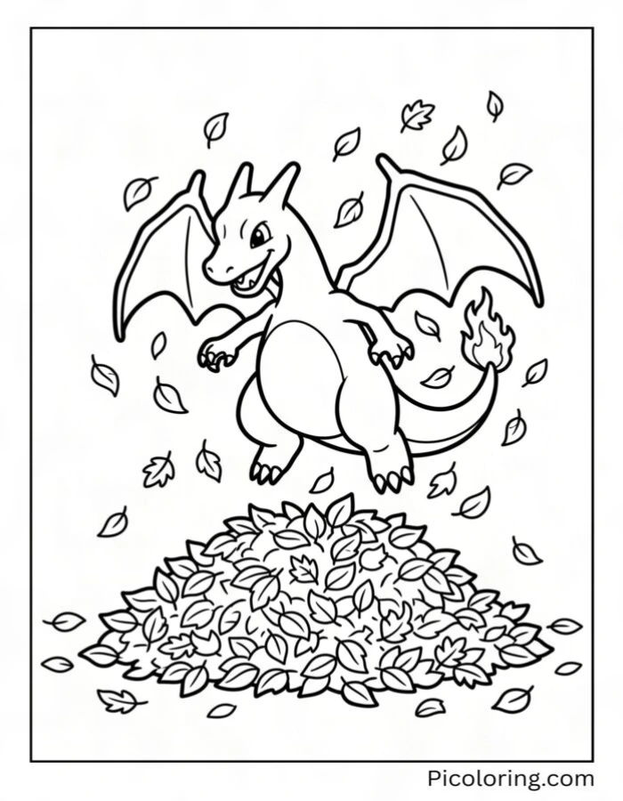 Charizard jumping into a big pile of autumn leaves