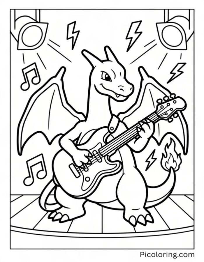 Charizard playing an electric guitar on a rock stage
