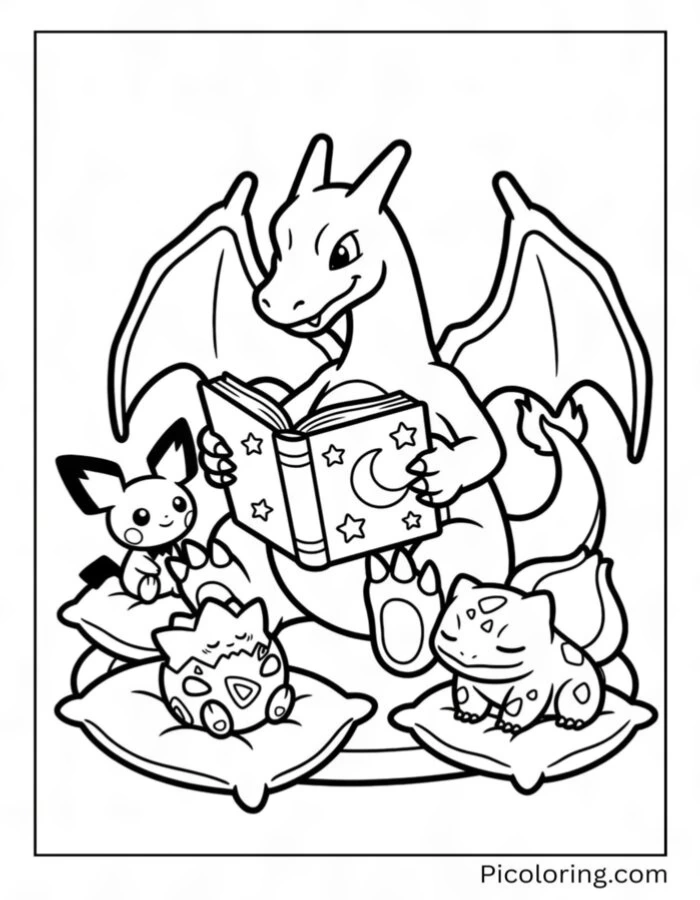 Charizard reading a bedtime story to baby Pokémon friends