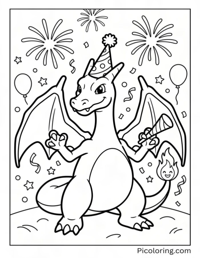 Charizard wearing a party hat on New Years Eve