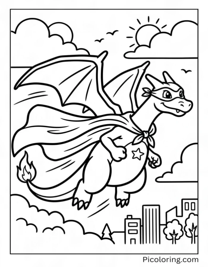 Charizard wearing a superhero cape flying to save the day