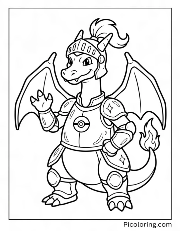 Charizard wearing shiny knight armor guarding a tall castle