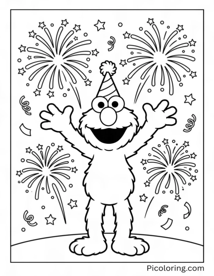 Elmo celebrating New Year with bright fireworks