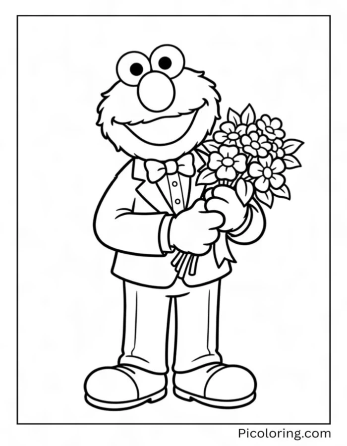Elmo dressed in a tuxedo holding a bouquet of flowers