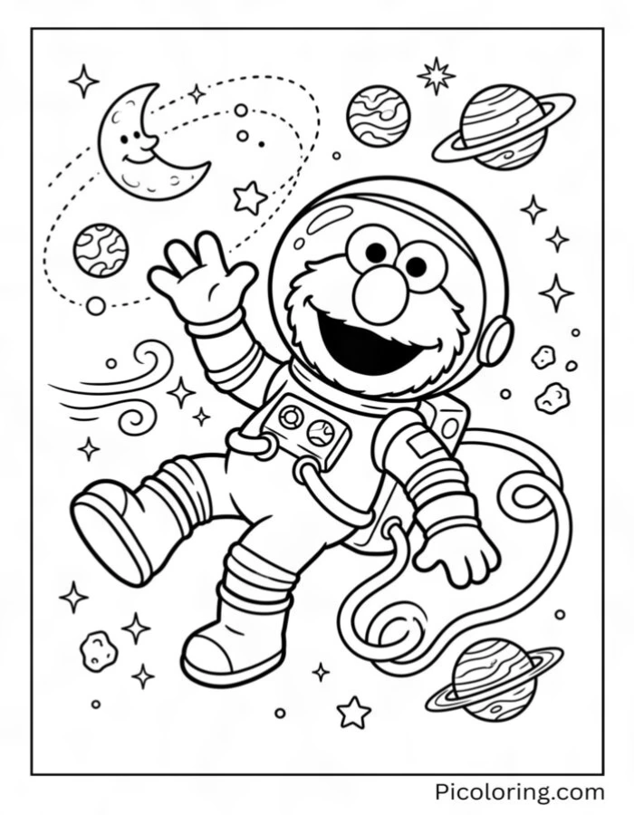 Elmo floating in space wearing an astronaut suit and helmet