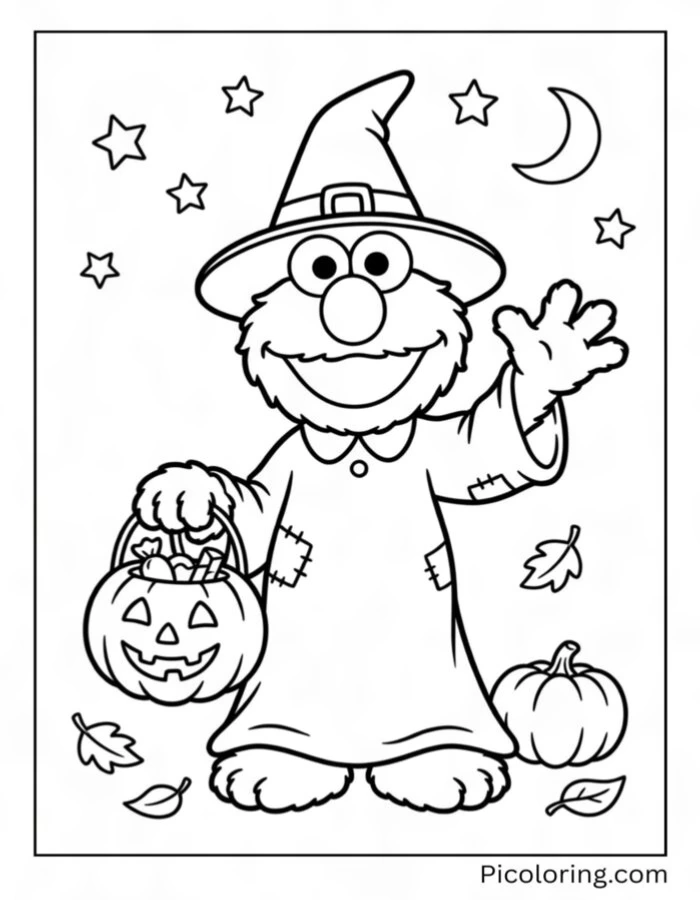 Elmo in a witch costume carrying a pumpkin candy bucket