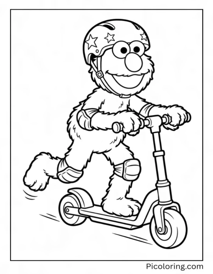 Elmo riding scooter wearing safety helmet