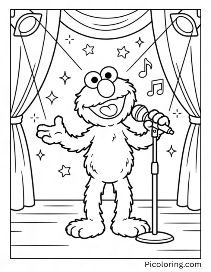 Elmo singing into a microphone on stage under bright lights