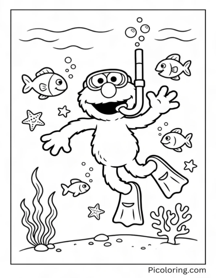 Elmo snorkeling underwater with colorful fish and a coral reef