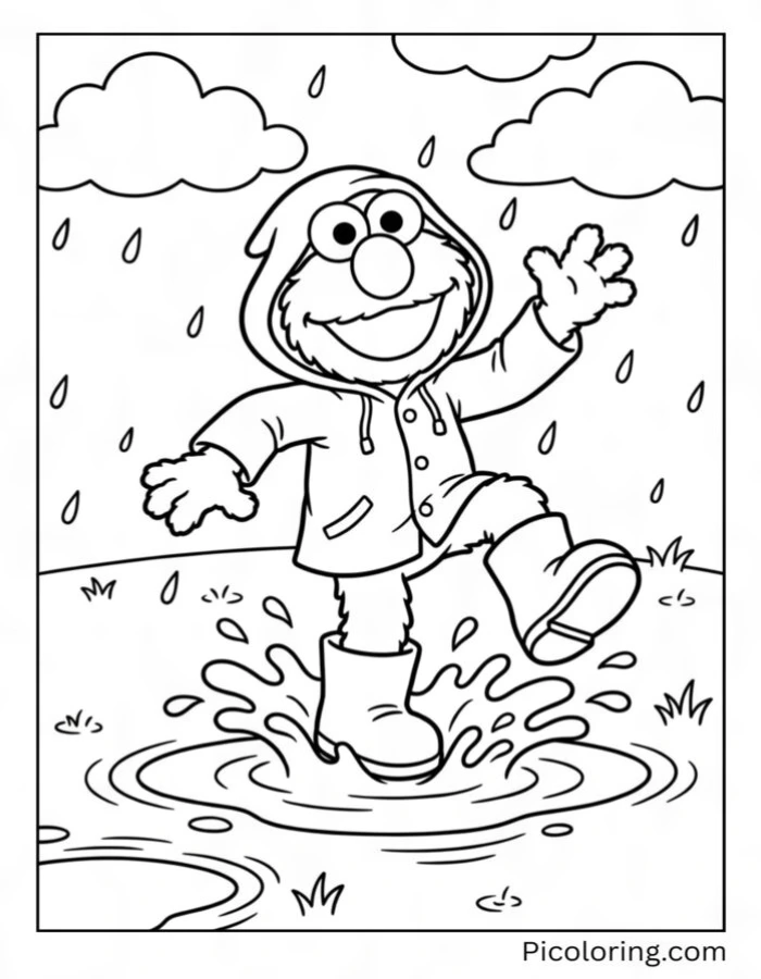 Elmo splashing in rain puddles wearing boots and a raincoat