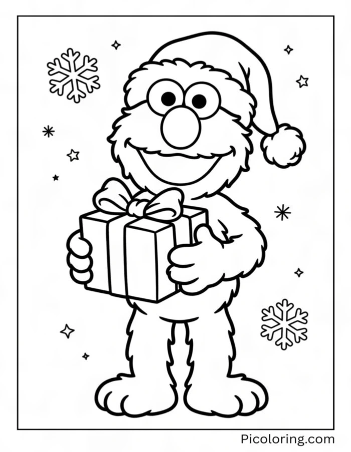 Elmo wearing Santa hat and holding a Gift