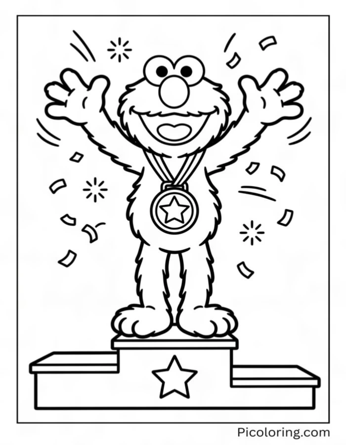 Elmo winning a gold medal on the podium cheering loudly