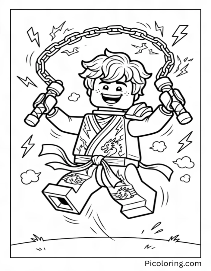 Jay the blue lightning ninja jumping happily with his nunchucks