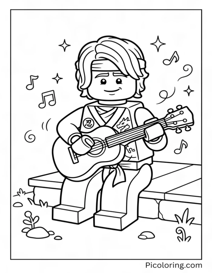 Lloyd Garmadon strums a small guitar while sitting on a step