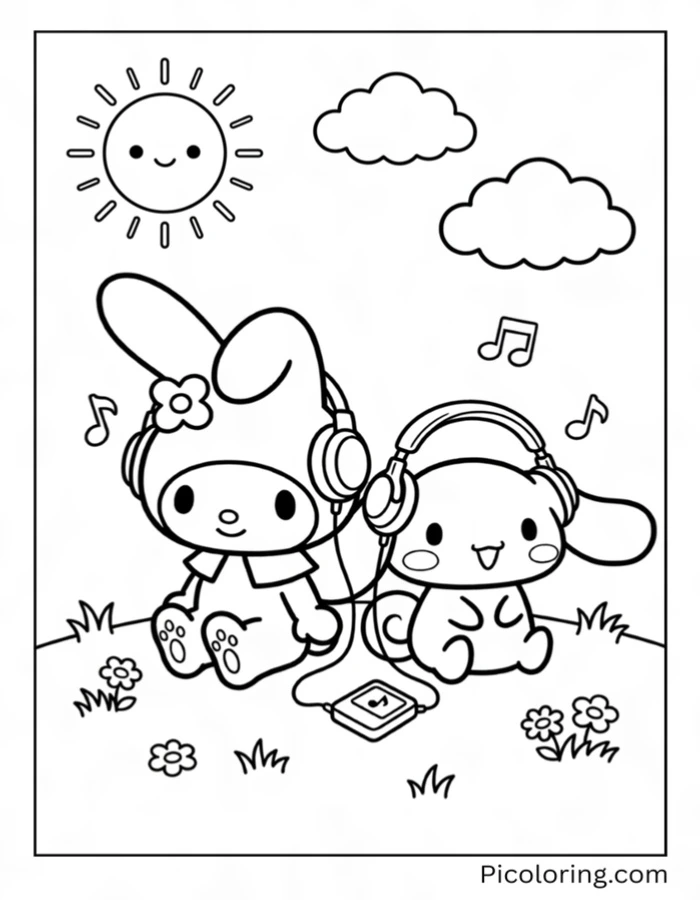 My Melody and a Cinnamoroll friend sharing headphones listening to music on grass