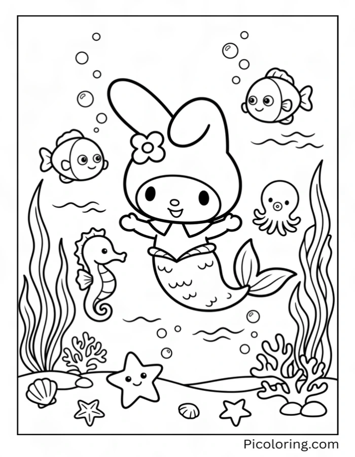 My Melody as a mermaid swimming with friendly sea creatures