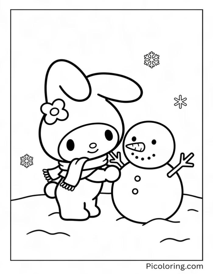 My Melody building a snowman with scarf and carrot nose