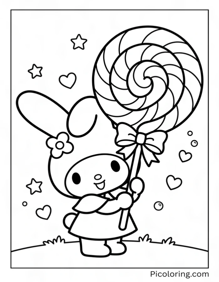 My Melody holding a lollipop bigger than her own head