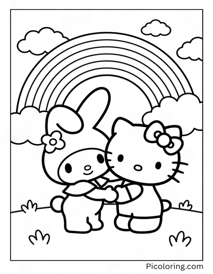 My Melody hugging Hello Kitty under a rainbow