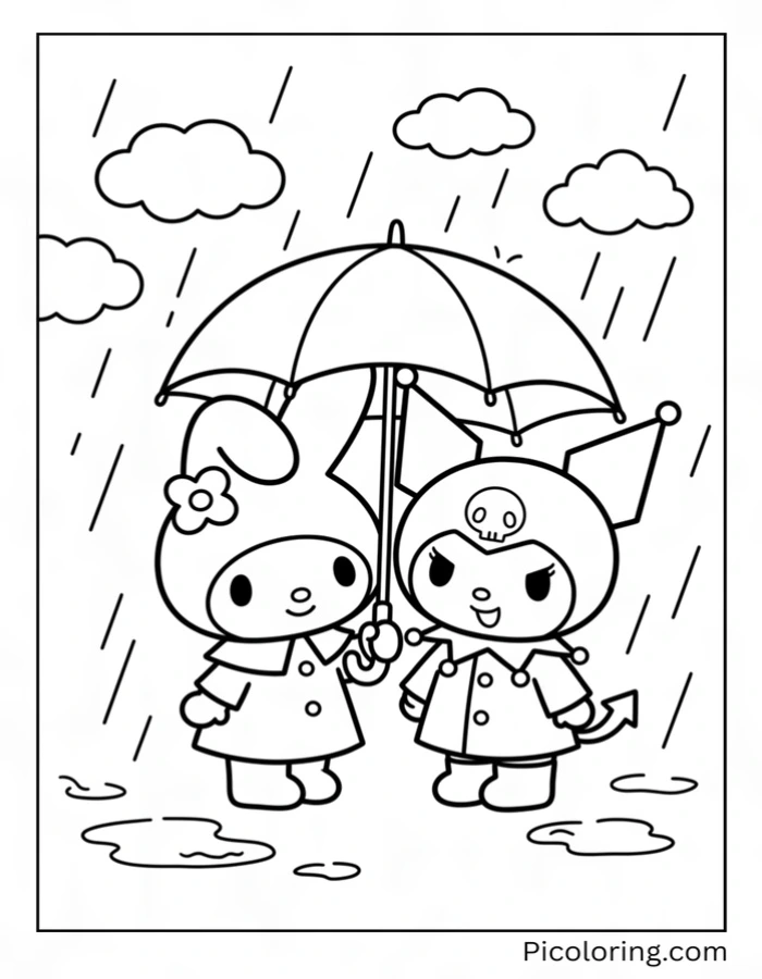 My Melody sharing an umbrella with Kuromi in the rain
