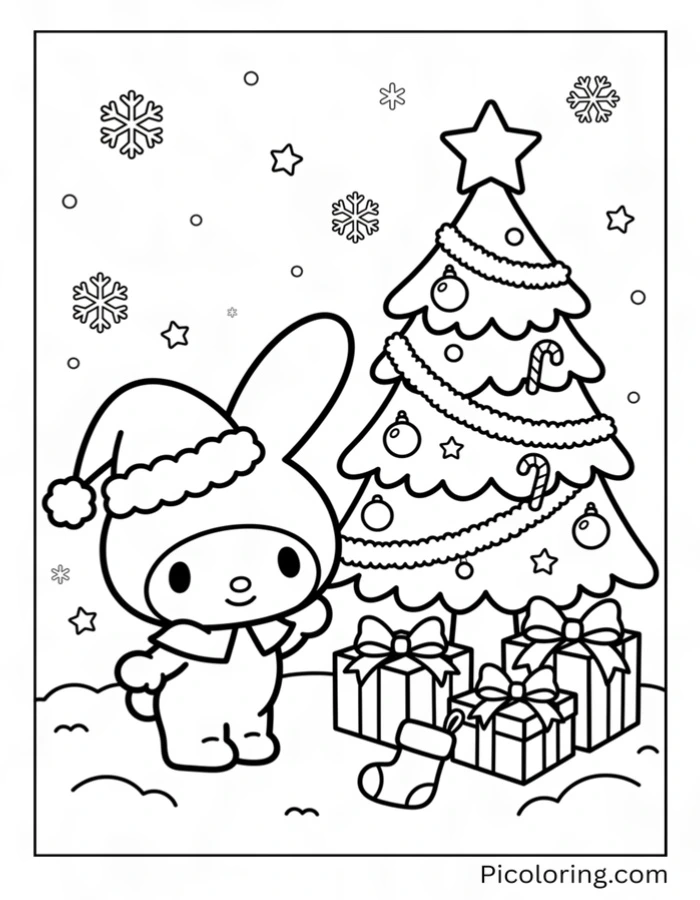 My Melody wearing a Santa hat beside a Christmas tree
