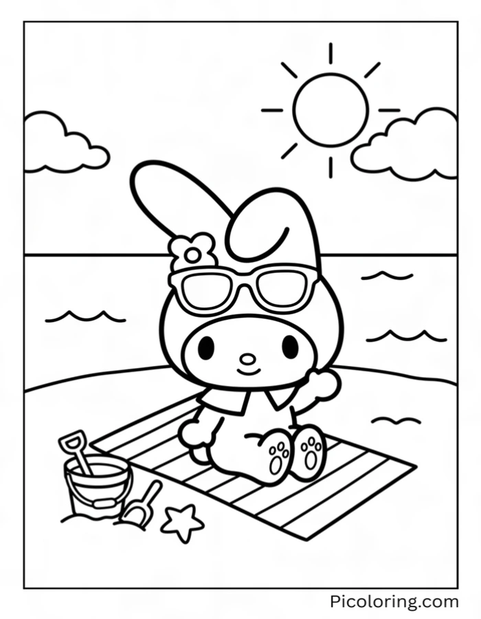 My Melody wearing sunglasses on a sunny summer beach day